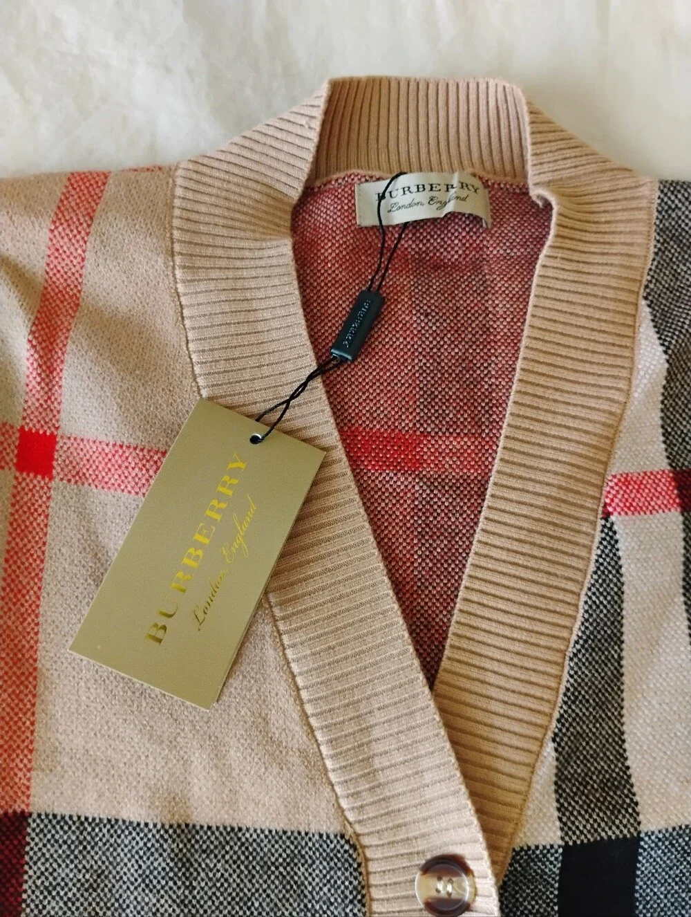 Beige Plaid V-Neck Button Cardigan with Red Accents
